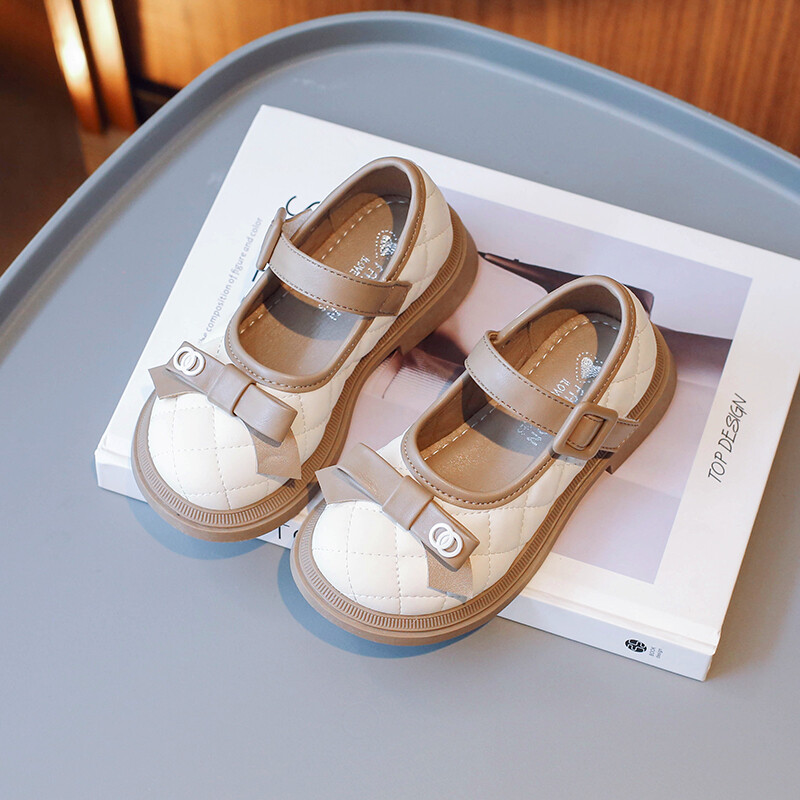 Pantofi din piele pentru fete bej/negru cu fundă anti-alunecare vârf rotund, primăvară și toamnă în aer liber pantofi din piele PU pentru fete Sandalias De Mujer