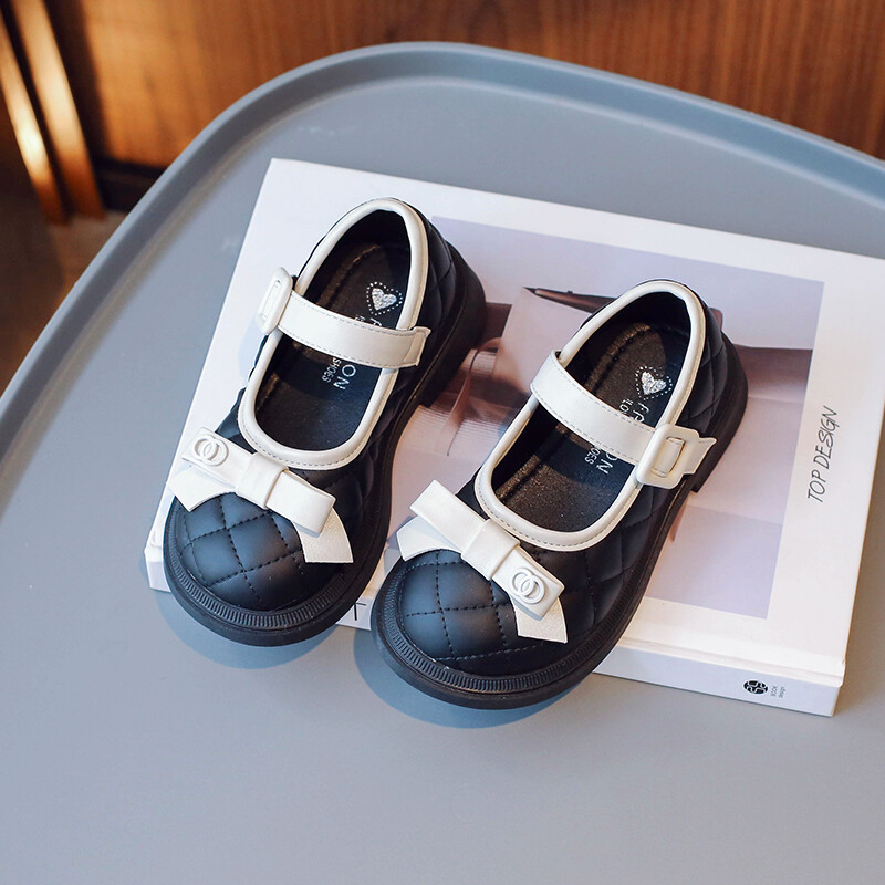 Pantofi din piele pentru fete bej/negru cu fundă anti-alunecare vârf rotund, primăvară și toamnă în aer liber pantofi din piele PU pentru fete Sandalias De Mujer