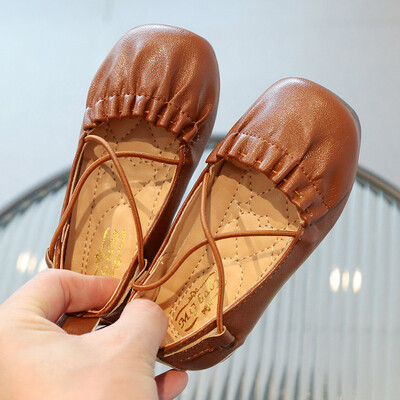 Tüdrukute nahast kingad Pehmed printsessi volangid, plisseeritud muulad, vabaaja püksid, 2024. aasta kevad-sügis lastekleidid