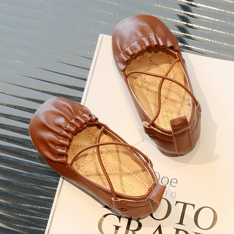 Tüdrukute nahast kingad Pehmed printsessi volangid, plisseeritud muulad, vabaaja püksid, 2024. aasta kevad-sügis lastekleidid