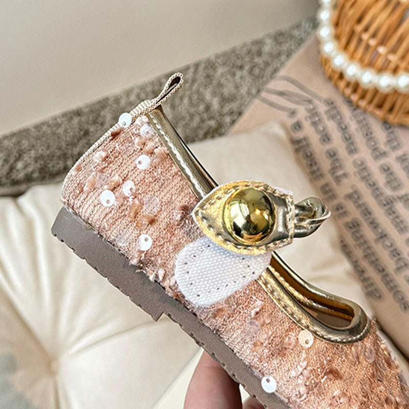 2024 Tüdrukute printsessikingad Lastemood Bling Glitter Kids Kingad Baby Girls Party üliõpilastele lamedad nahast kingad Lapsed H07156