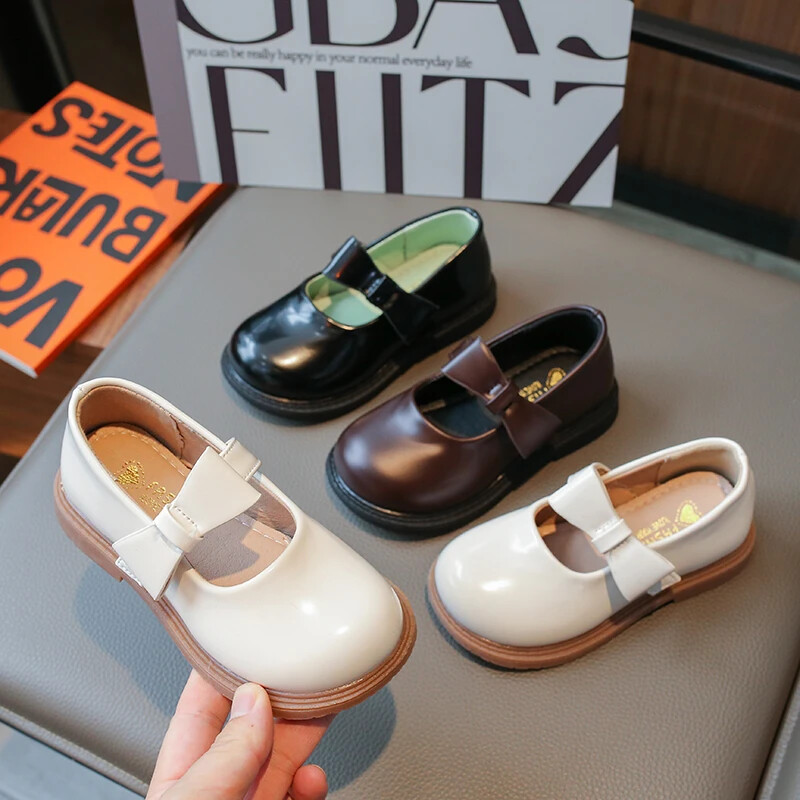 Bērnu ādas apavi meiteņu kurpes 2024. gada jauns korejiešu stila loks ar āķi un cilpu Apvienotās Karalistes formas skolas apavi bērniem, daudzpusīgi, mīksti, jauki