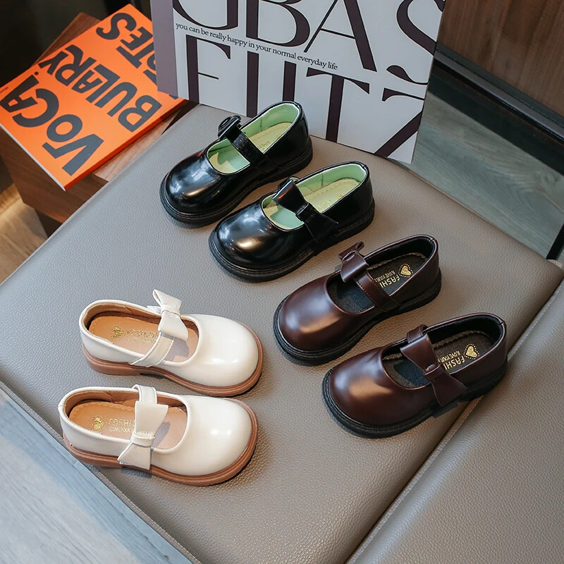 Bērnu ādas apavi meiteņu kurpes 2024. gada jauns korejiešu stila loks ar āķi un cilpu Apvienotās Karalistes formas skolas apavi bērniem, daudzpusīgi, mīksti, jauki