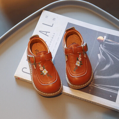 Detské dievčenské jesenné topánky s vyšívanými kvetinovými vzormi Mary James z roku 2024, vintage štýl, pohodlné detské topánky s krytou špičkou