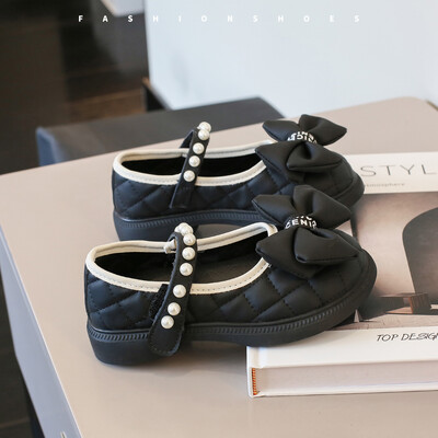 Pearl Bow tüdrukute nahast kingad beežid/mustad kevad-sügis PU tüdrukute vabaaja nahast kingad, suurus 21-35 Sandalias De Mujer