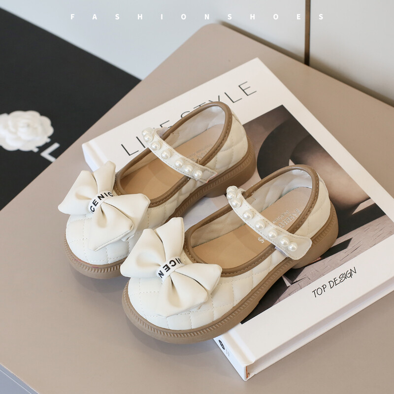 Pearl Bow tüdrukute nahast kingad beežid/mustad kevad-sügis PU tüdrukute vabaaja nahast kingad, suurus 21-35 Sandalias De Mujer