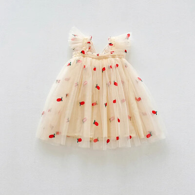 Καλοκαίρι 2023 Νέο Κορεάτικο φόρεμα με μανίκια πεταλούδα με φτερά για κορίτσια πουά μωρό φόρεμα με φρούτα Κέντημα φουσκωμένο φόρεμα πριγκίπισσας