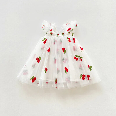 Καλοκαίρι 2023 Νέο Κορεάτικο φόρεμα με μανίκια πεταλούδα με φτερά για κορίτσια πουά μωρό φόρεμα με φρούτα Κέντημα φουσκωμένο φόρεμα πριγκίπισσας