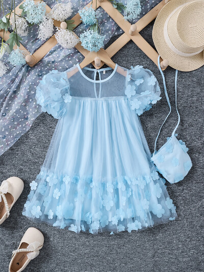 Tüdrukute suvine võrkkleit kolmemõõtmeline lilleline moodne printsesskleit põikkottidega