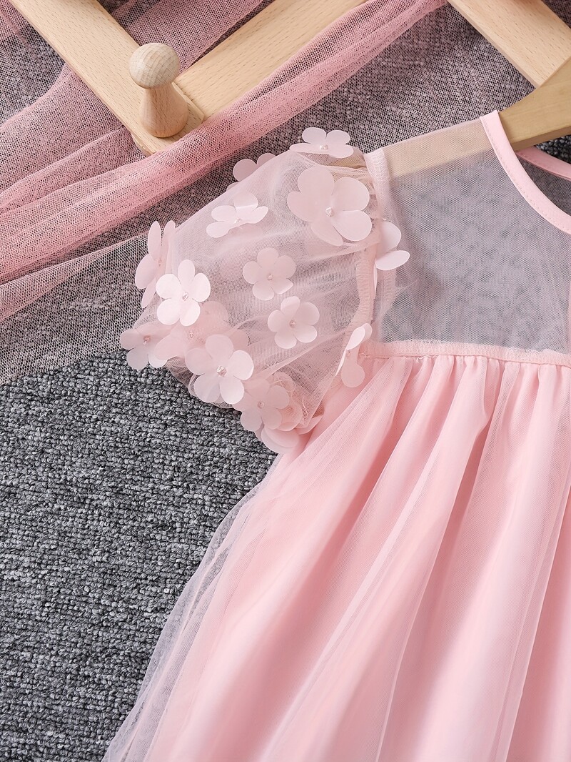 Tüdrukute suvine võrkkleit kolmemõõtmeline lilleline moodne printsesskleit põikkottidega