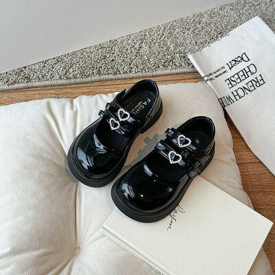 Детски кожени обувки за момичета Винено червено, черно, елегантно сърце Mary Janes с масивен ток и примка, удобни детски обувки на принцеса 26-36