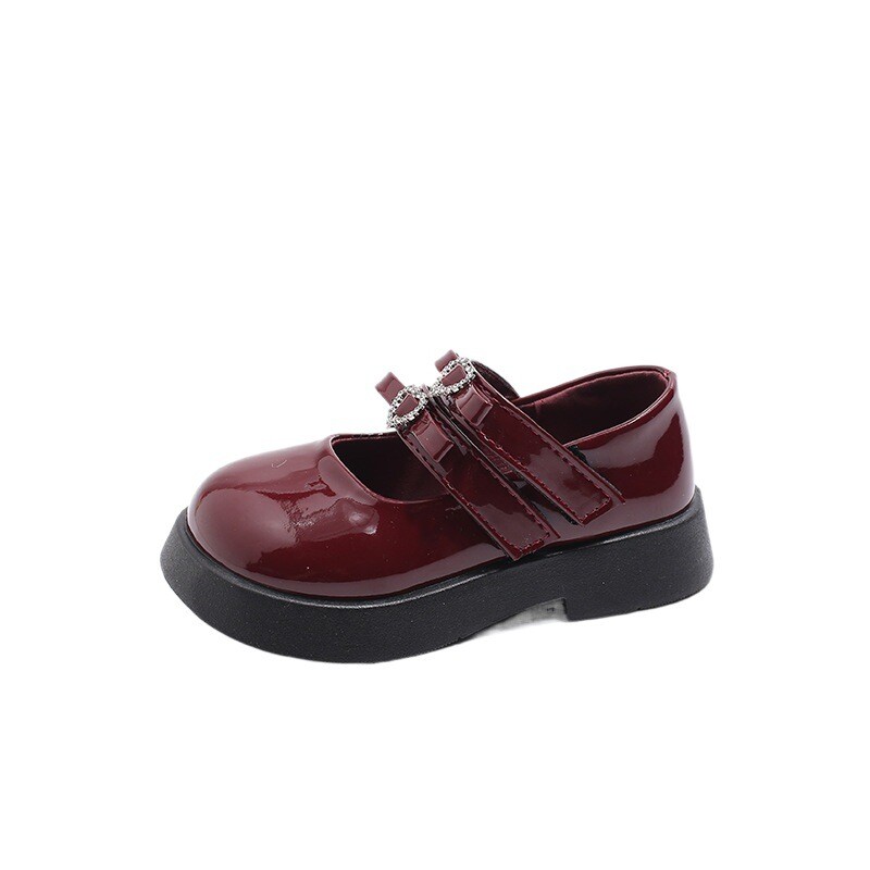 Детски кожени обувки за момичета Винено червено, черно, елегантно сърце Mary Janes с масивен ток и примка, удобни детски обувки на принцеса 26-36