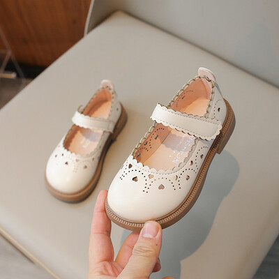 Unishuni Princess Mary Jane Shoes for Baby Girls Child Cut Out Vintage Flats Kids Flower Edge Party Dance Shoe Beige Brown 21-30
