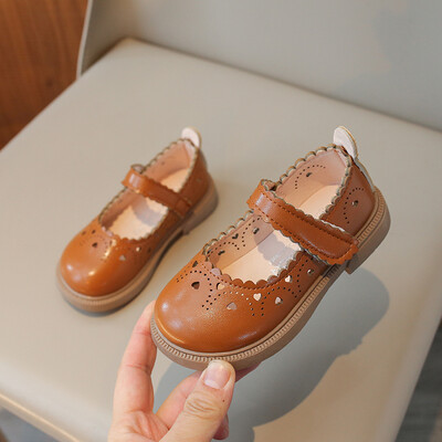 Unishuni Princess Mary Jane Shoes for Baby Girls Child Cut Out Vintage Flats Kids Flower Edge Party Dance Shoe Beige Brown 21-30