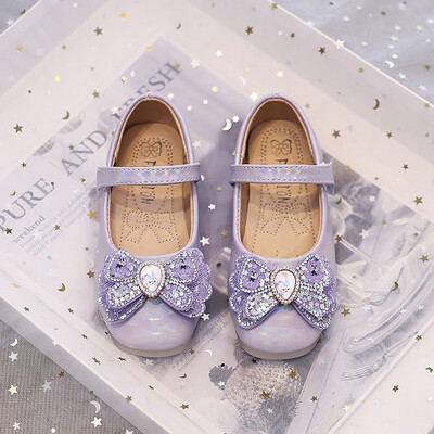 Розови/лилави кожени обувки за момичета с диамантена панделка Ежедневни кожени обувки от полиуретан за момичета, размер 26-36, Sandalias De Mujer