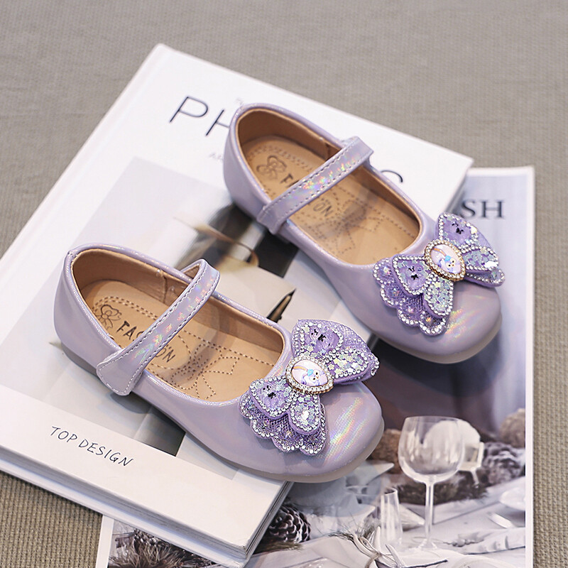 Розови/лилави кожени обувки за момичета с диамантена панделка Ежедневни кожени обувки от полиуретан за момичета, размер 26-36, Sandalias De Mujer