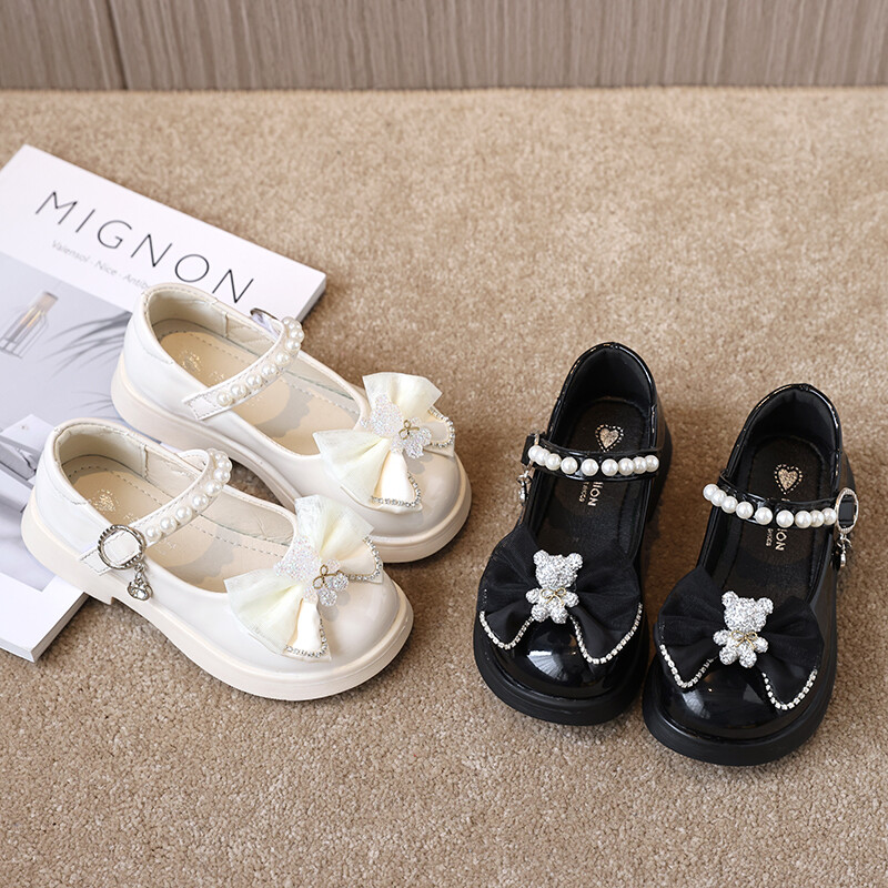 Laste nahast kingad tüdrukutele Läikivad Lihtsad Koolijalatsid Mitmekülgsed Lastejalatsid Paksu Tallaga Mood Must Karu Mary Jane Kingad