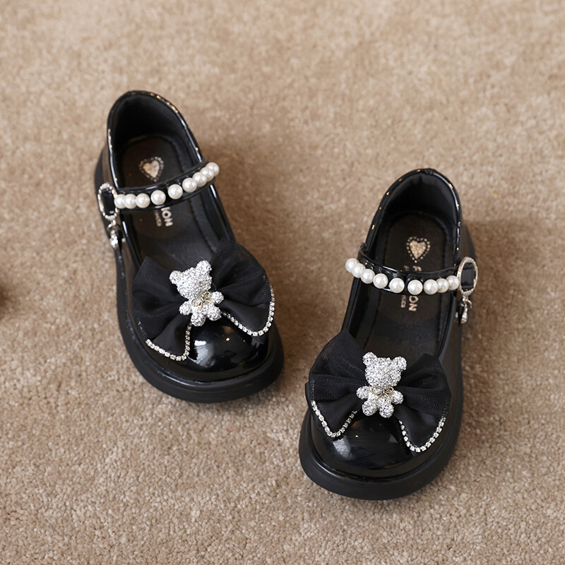 Laste nahast kingad tüdrukutele Läikivad Lihtsad Koolijalatsid Mitmekülgsed Lastejalatsid Paksu Tallaga Mood Must Karu Mary Jane Kingad
