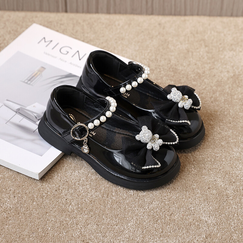 Laste nahast kingad tüdrukutele Läikivad Lihtsad Koolijalatsid Mitmekülgsed Lastejalatsid Paksu Tallaga Mood Must Karu Mary Jane Kingad