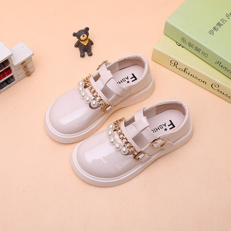 Sügismood Pearl Chain Laste koolijalatsid Printsessi Lastejalatsid Tüdrukutele Mustad Lapse nahast kingad 3 4 5 6 7 8 9 10 11 12