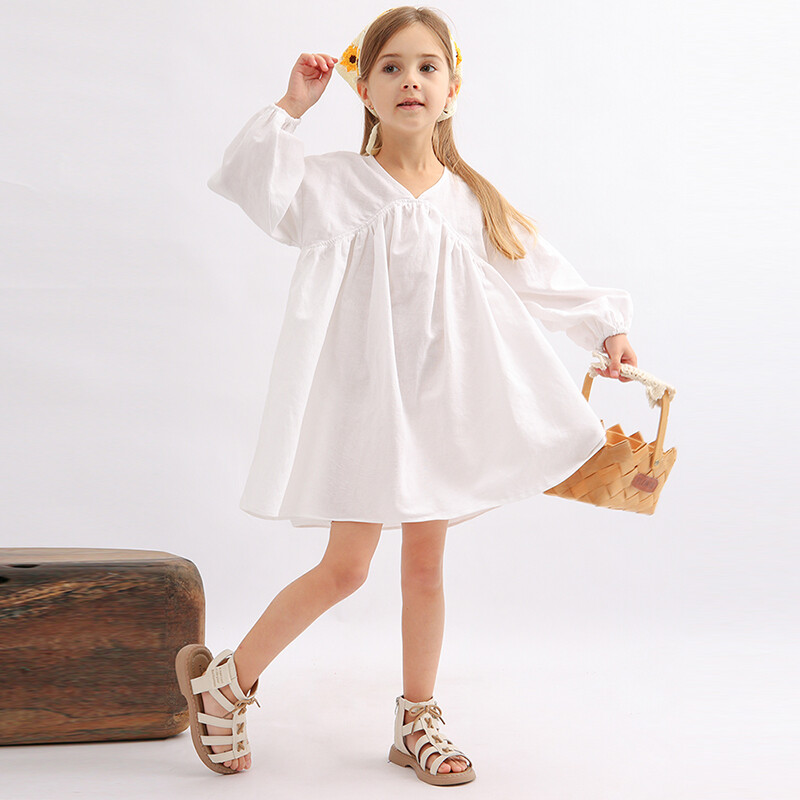 Tüdrukute valge puuvillane ja linane kleit kevadine uus beebitüdruku V-kaelusega vabaaja linane pikkade varrukatega A-joon kleit nukuprintsessi kleit