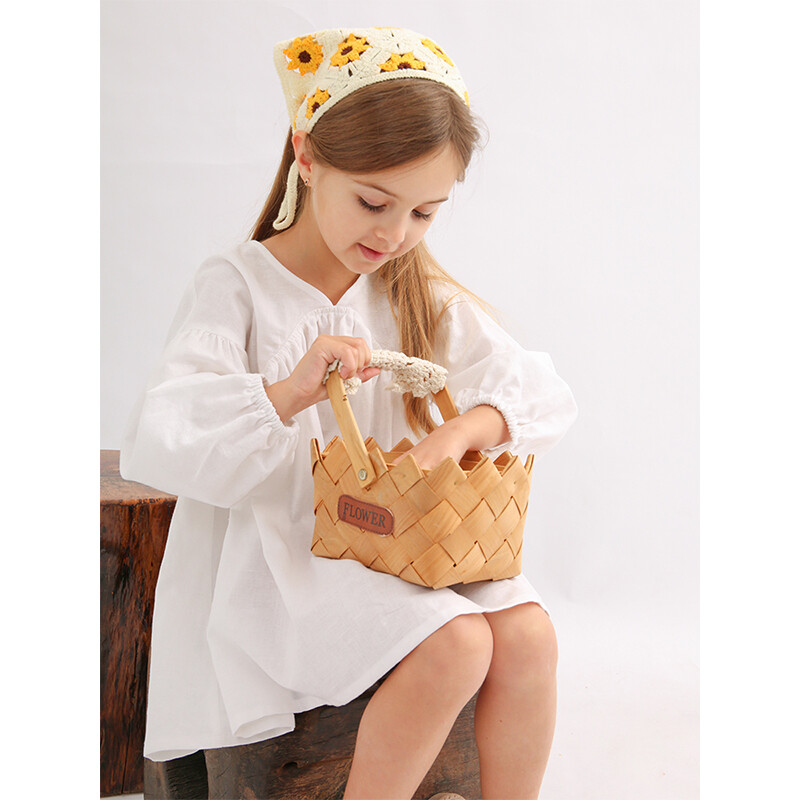 Tüdrukute valge puuvillane ja linane kleit kevadine uus beebitüdruku V-kaelusega vabaaja linane pikkade varrukatega A-joon kleit nukuprintsessi kleit