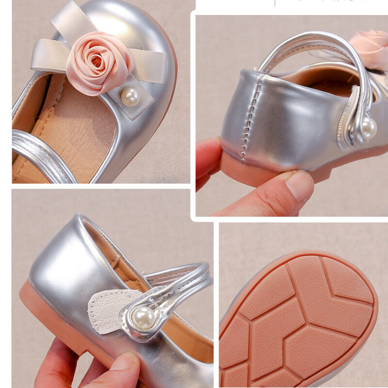 Tüdrukute nahast kingad Four Seasons Lilled Tüdrukute Mary Jane`i kingad 2–12-aastased hõbedased madala suuga laste kingad