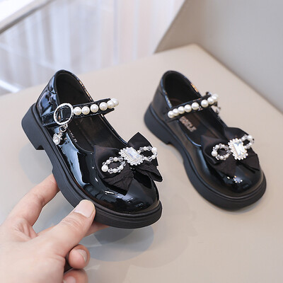 Παιδικά κοριτσίστικα δερμάτινα παπούτσια Άνοιξη φθινόπωρο παπιγιόν πέρλες με χάντρες μόδας στυλ Princess ρετρό χαριτωμένα φλατ παιδικά παπούτσια γενεθλίων