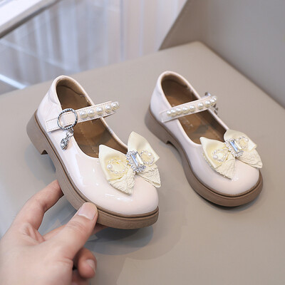 Παιδικά κοριτσίστικα δερμάτινα παπούτσια Άνοιξη φθινόπωρο παπιγιόν πέρλες με χάντρες μόδας στυλ Princess ρετρό χαριτωμένα φλατ παιδικά παπούτσια γενεθλίων