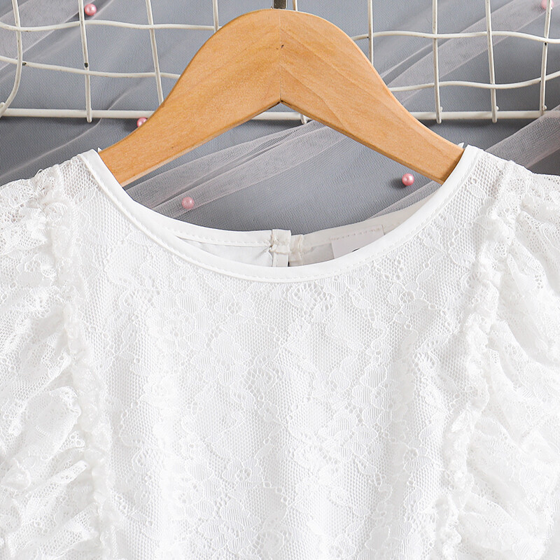 Haljina za djevojčice od 8 do 12 godina Bijelo plava haljina s čipkastim rubom, patchwork i naborani dizajn Jednostavna, velikodušna dnevna, kauzalna, elegantna odjeća