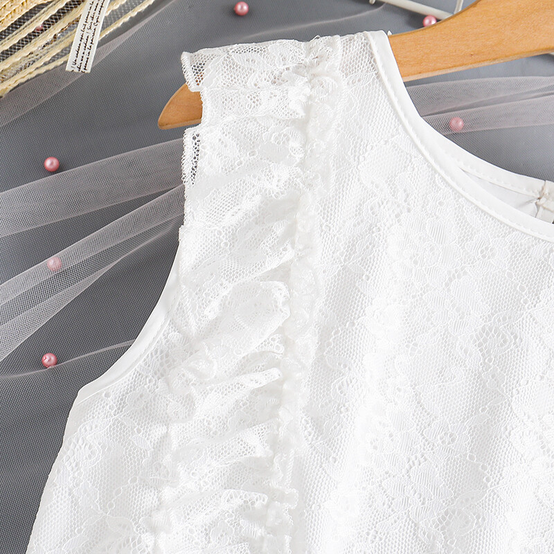 Haljina za djevojčice od 8 do 12 godina Bijelo plava haljina s čipkastim rubom, patchwork i naborani dizajn Jednostavna, velikodušna dnevna, kauzalna, elegantna odjeća