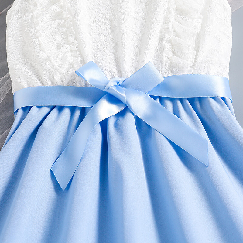 Haljina za djevojčice od 8 do 12 godina Bijelo plava haljina s čipkastim rubom, patchwork i naborani dizajn Jednostavna, velikodušna dnevna, kauzalna, elegantna odjeća