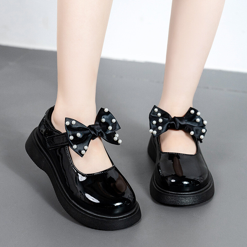 Sügismood Pearl Chain Laste koolijalatsid Printsessi Lastejalatsid Tüdrukutele Mustad Lapse nahast kingad 3 4 5 6 7 8 9 10 11 12