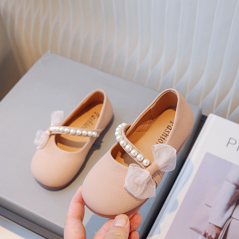 Кожени обувки за момичета 2024, пролет, есен, нова мода, едноцветни мъниста, мека подметка, противоплъзгащи се обувки на принцеса, детски танцови обувки