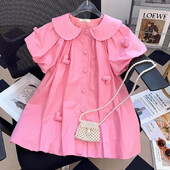 2-10 ani de vară rochie drăguță pentru fete bijuterii cu inimă decorare guler răsturnat rochie cu cataramă cu un singur rând pentru fată