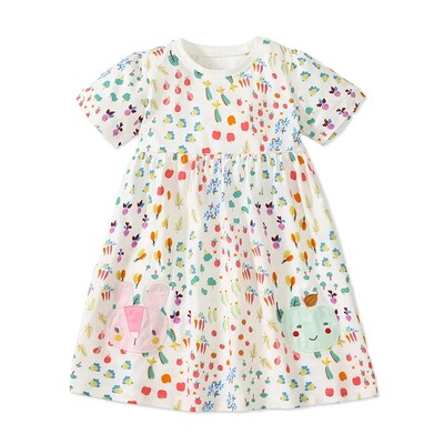 Little maven Multikas lilleline laste tüdrukute printsesskleidid lühikeste varrukatega puuvillased lasteriided armas multikas aplikatsiooniga tüdrukute kleit