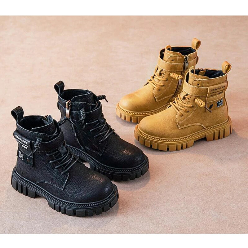 Размер 26-41, момчета, туристически обувки за езда, есен, зима, детски кожени ботуши с каишка за глезена, кожени ботуши в стил мотоциклет за момче