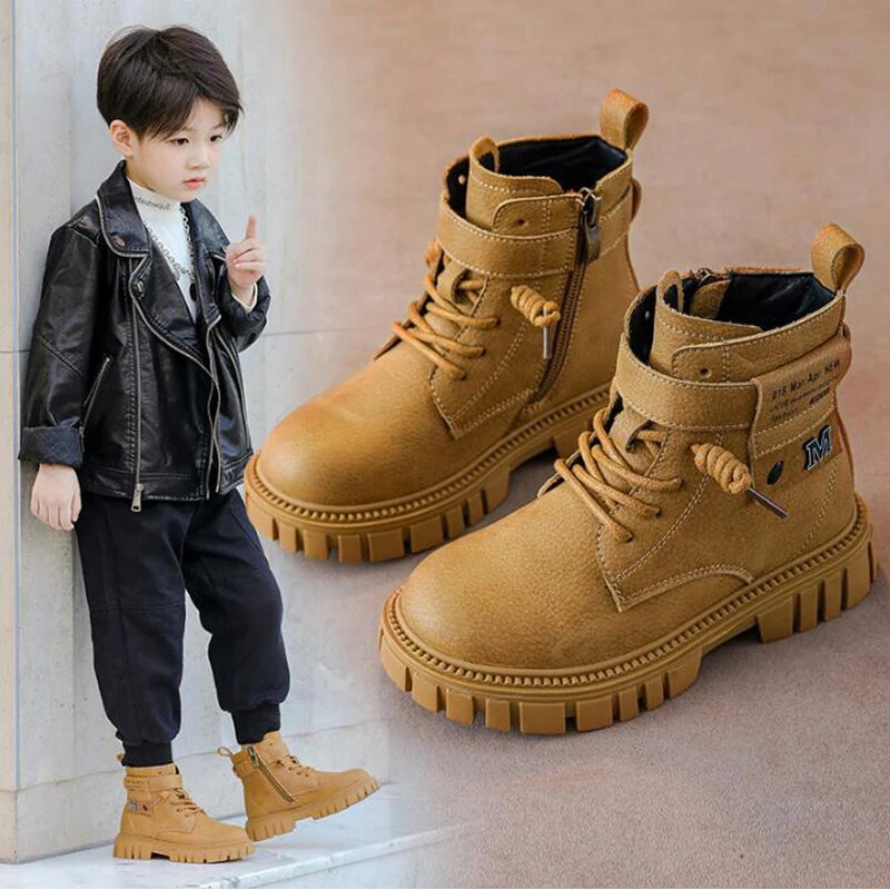 Размер 26-41, момчета, туристически обувки за езда, есен, зима, детски кожени ботуши с каишка за глезена, кожени ботуши в стил мотоциклет за момче