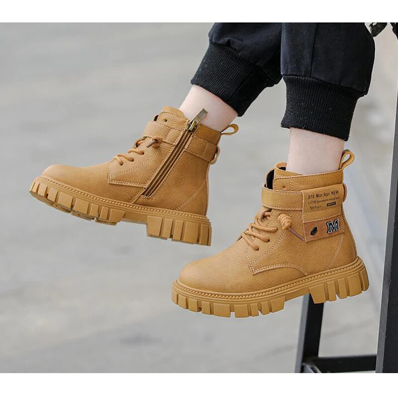 Размер 26-41, момчета, туристически обувки за езда, есен, зима, детски кожени ботуши с каишка за глезена, кожени ботуши в стил мотоциклет за момче