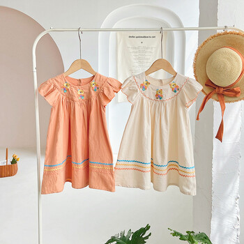 Παιδικά ρούχα Rainbow Bear Embroidery Girls dress 2024 Summer Flounced Sleeve Color Contrast