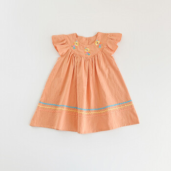 Παιδικά ρούχα Rainbow Bear Embroidery Girls dress 2024 Summer Flounced Sleeve Color Contrast