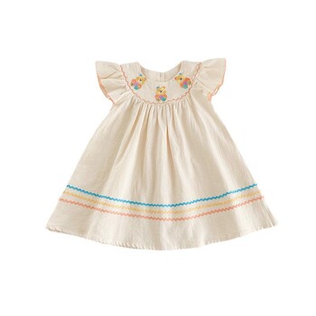 Παιδικά ρούχα Rainbow Bear Embroidery Girls dress 2024 Summer Flounced Sleeve Color Contrast