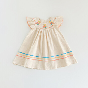 Παιδικά ρούχα Rainbow Bear Embroidery Girls dress 2024 Summer Flounced Sleeve Color Contrast