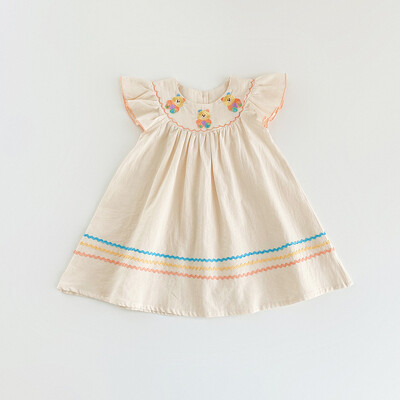 Bērnu apģērbi Varavīksnes lācis ar izšuvumu meiteņu kleita 2024. gada vasarā ar piedurknēm, kontrasta krāsa