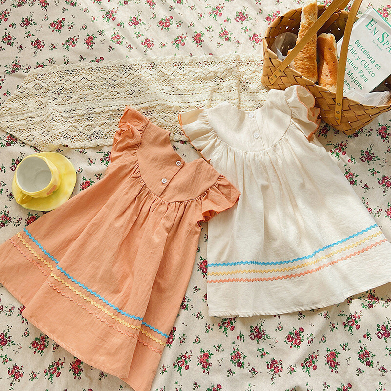 Bērnu apģērbi Varavīksnes lācis ar izšuvumu meiteņu kleita 2024. gada vasarā ar piedurknēm, kontrasta krāsa