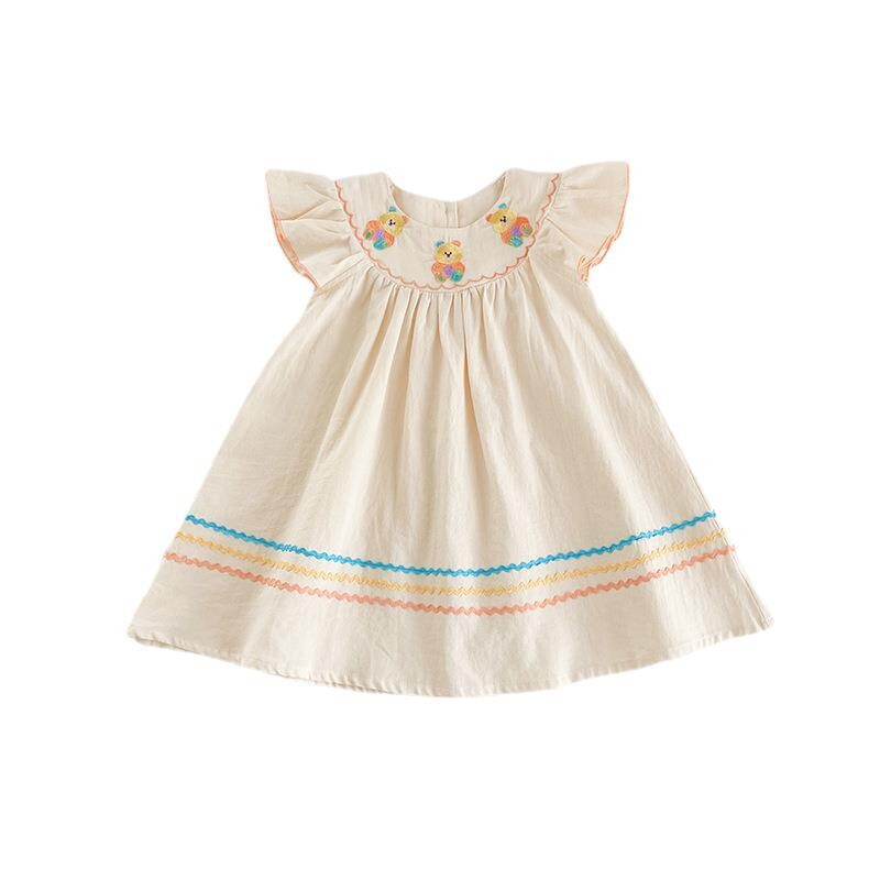 Bērnu apģērbi Varavīksnes lācis ar izšuvumu meiteņu kleita 2024. gada vasarā ar piedurknēm, kontrasta krāsa