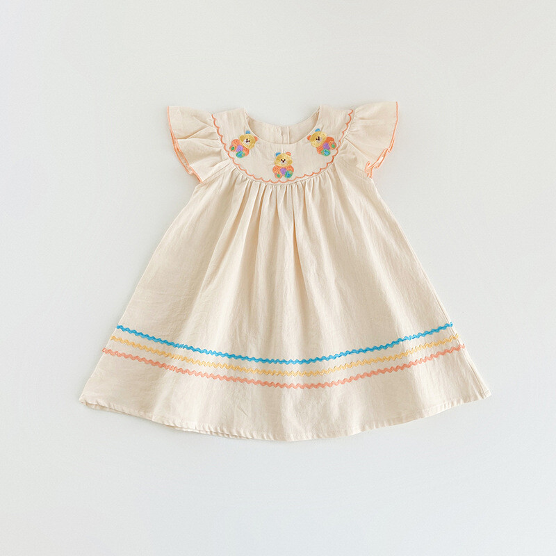 Bērnu apģērbi Varavīksnes lācis ar izšuvumu meiteņu kleita 2024. gada vasarā ar piedurknēm, kontrasta krāsa