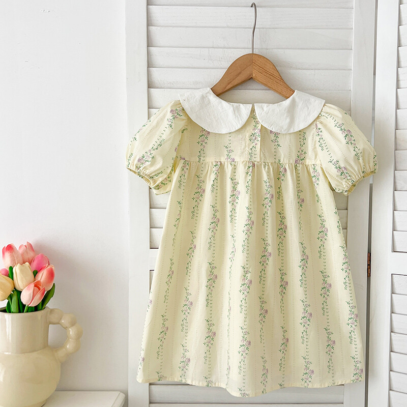 Uued tüdrukute riided 1-6 a. beebitüdrukute kleidid lillelised lillad puhvis varrukatega kleit Suvekleidid Tikitud kraega Boutique riided