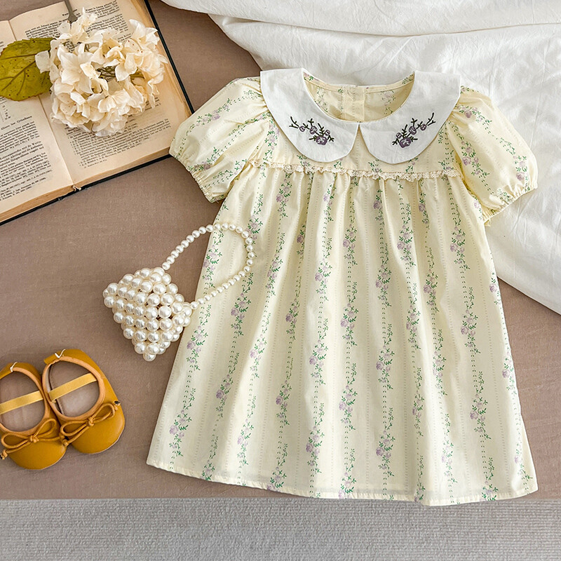 Uued tüdrukute riided 1-6 a. beebitüdrukute kleidid lillelised lillad puhvis varrukatega kleit Suvekleidid Tikitud kraega Boutique riided