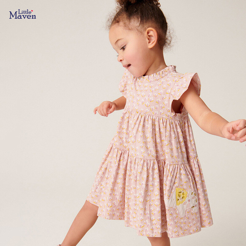 Детска рокля Little maven, бебешки момичета, лято 2024, памучни детски ежедневни дрехи, анимационни слончета, цветя, детски рокли